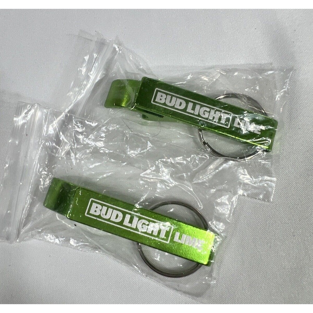 Bud Light Lime Bottle Opener Keychain Set of 2 Green Metallic Aluminum New